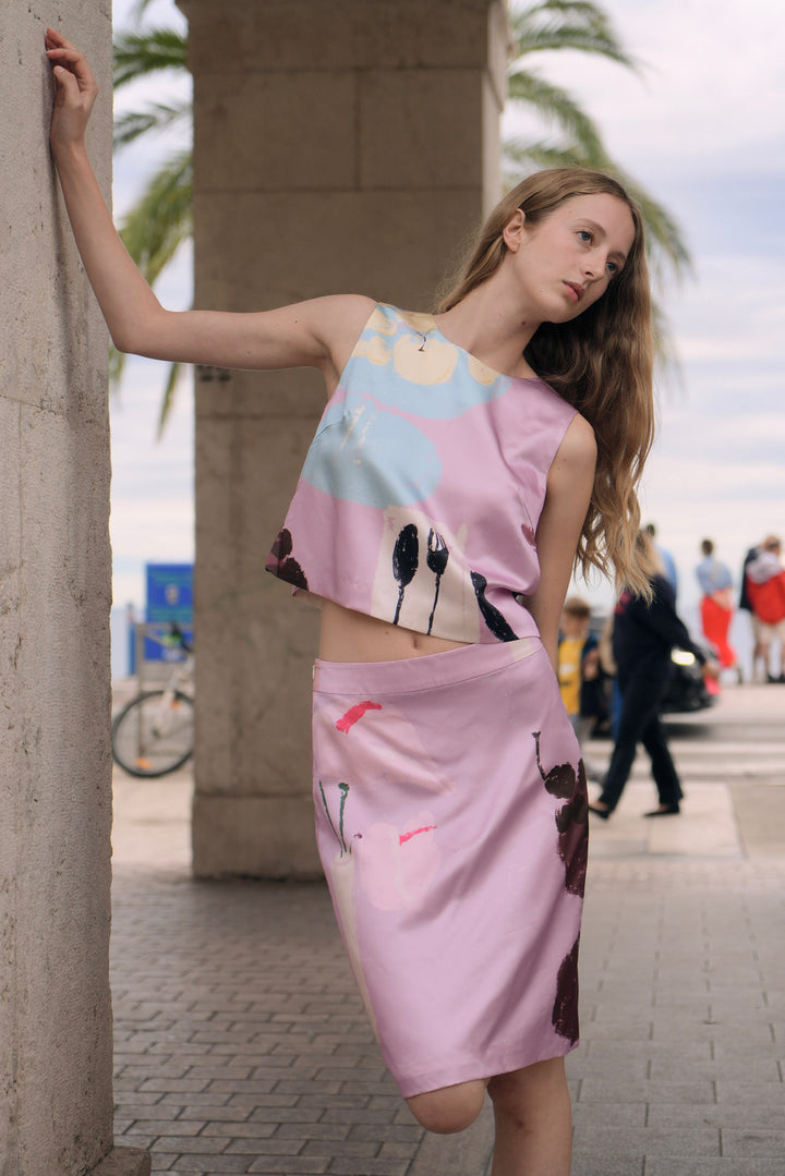 PAJA Dinner Hour Printed Silk Wool Satin Skirt