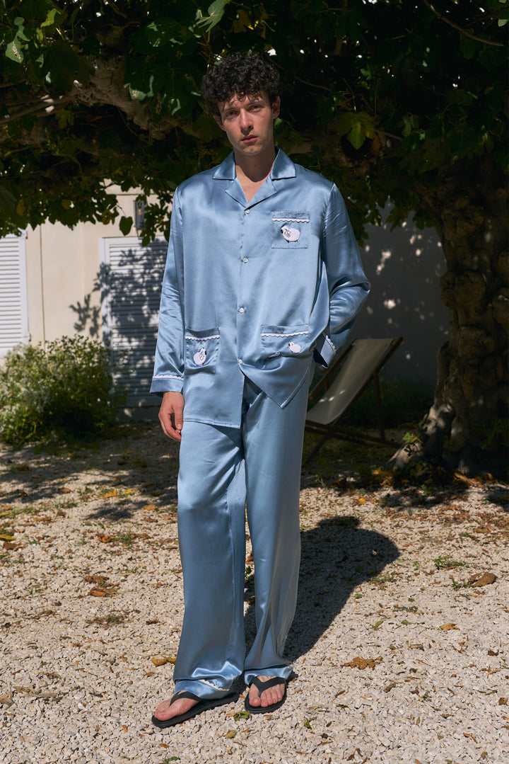 BUBU Collection Men's Silk Velour Edging Long Sleeve Pajama Set - Blue