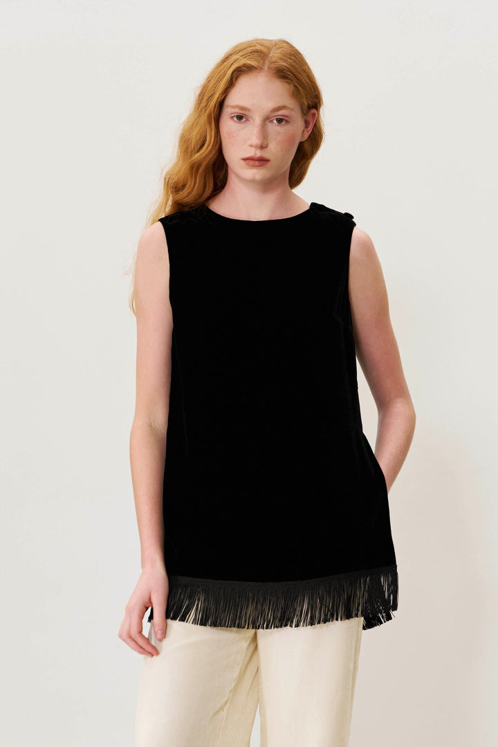 PAJA Summer Shimmer Silk Velvet Fringe-Trim Vest Top
