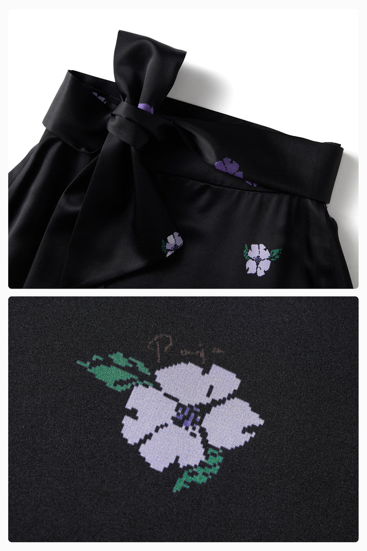 PAJA Summer Shimmer Silk Wool Satin Printed Tie-Waist Long Skirt