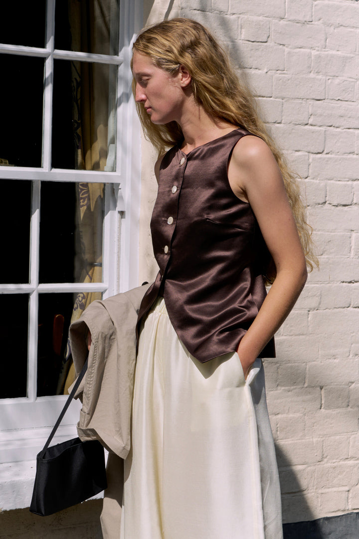 PAJA Farm Edit Waist-Tied Silk-Wool Satin Vest - Brown