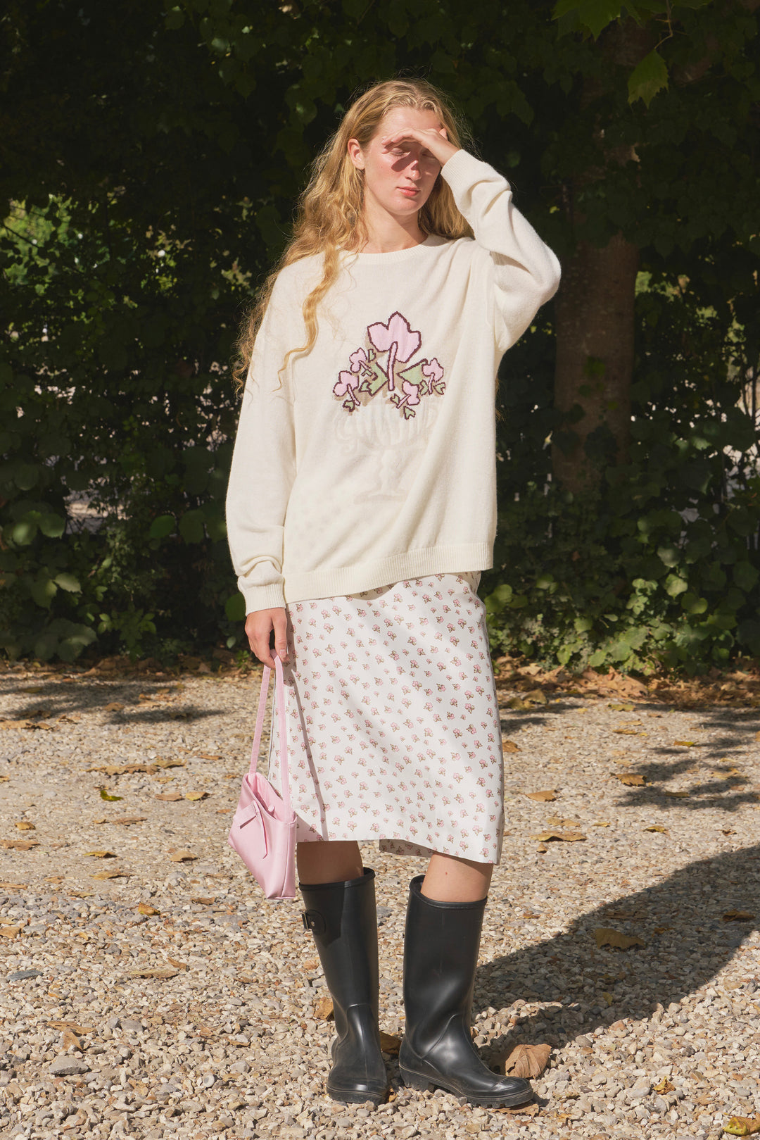 PAJA Farm Edit Dupion Silk Floral Print Midi Skirt - White