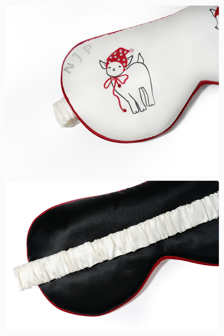 Bubbie 22 Momme Silk Printed Rhinestone Pom-Pom Eye Mask
