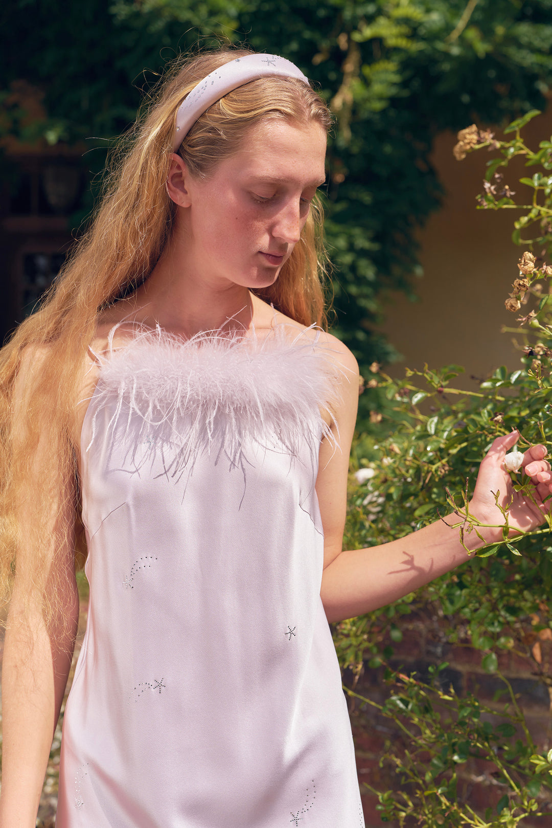 VEGA Collection Feathered Silk Rhinestone-Embellished Slip Dress - Amethyst