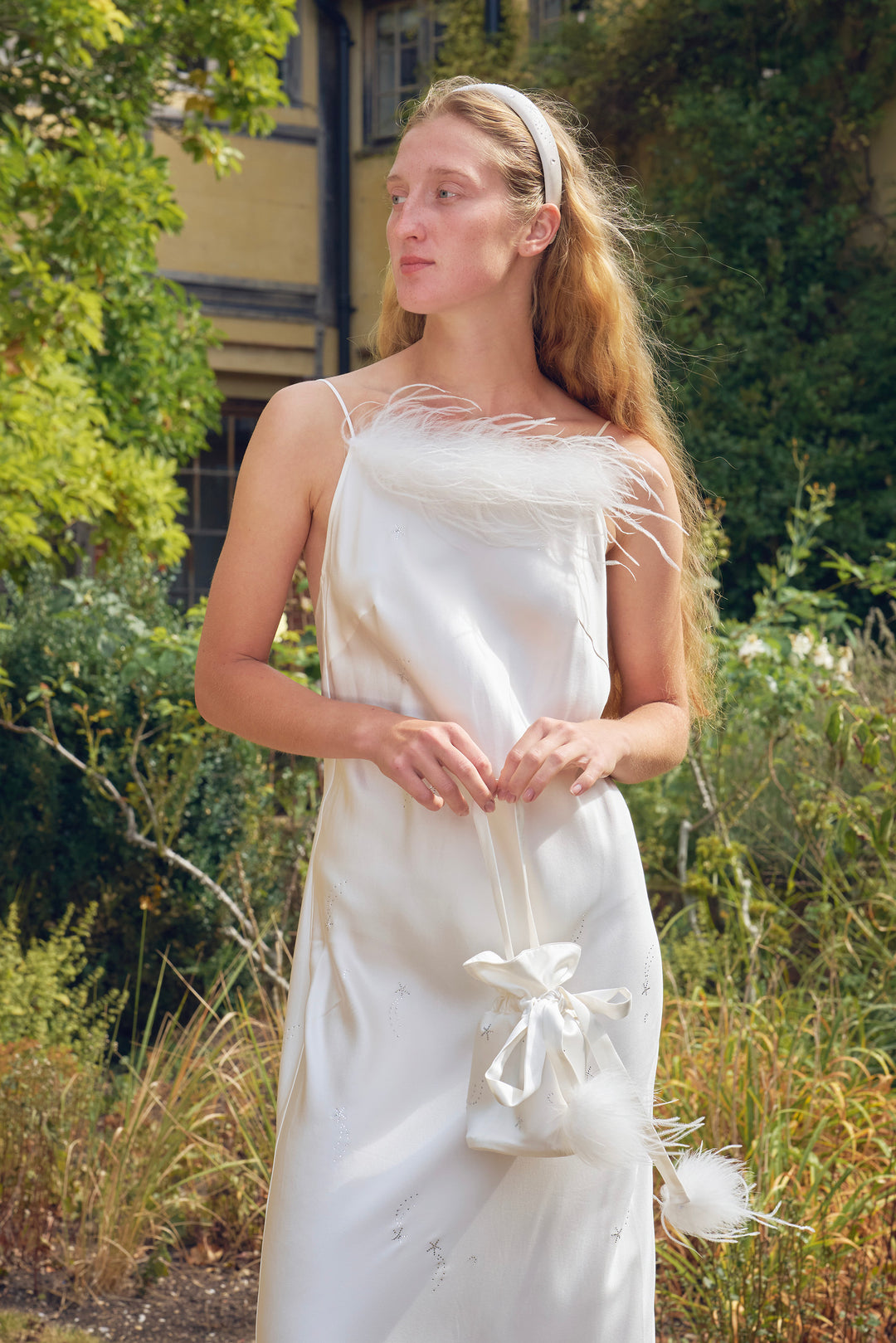 VEGA Collection Feathered Silk Rhinestone-Embellished Slip Dress - White