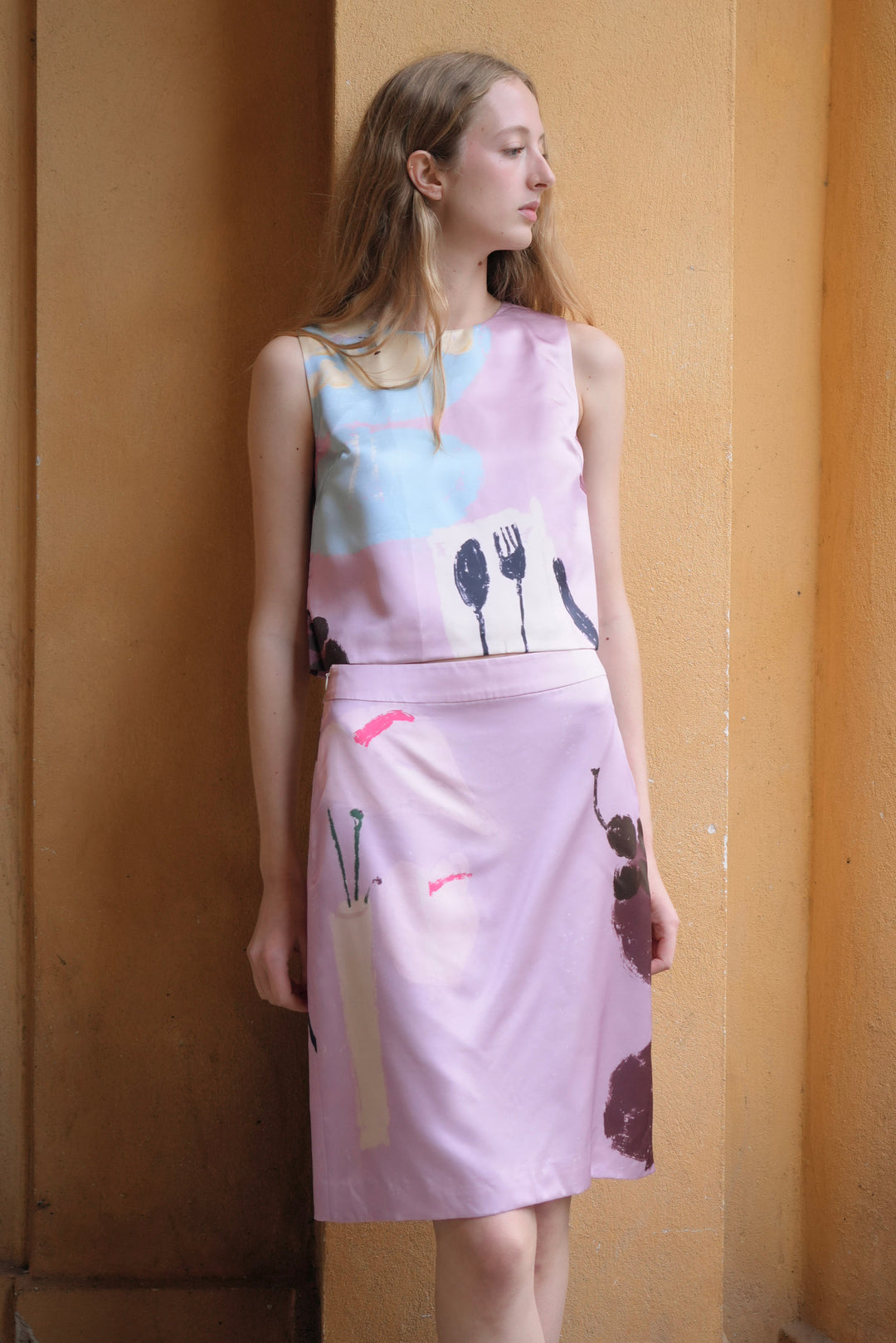 PAJA Dinner Hour Printed Silk Wool Satin Skirt