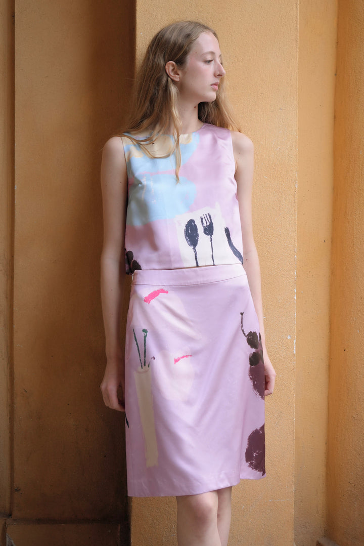 PAJA Dinner Hour Printed Silk Wool Satin Skirt