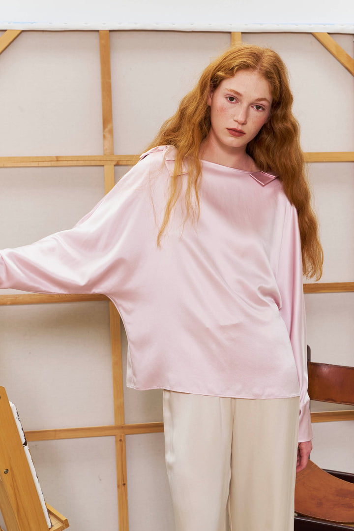 PAJA 25 Momme Silk Crepe Satin Bow Long-Sleeve Top