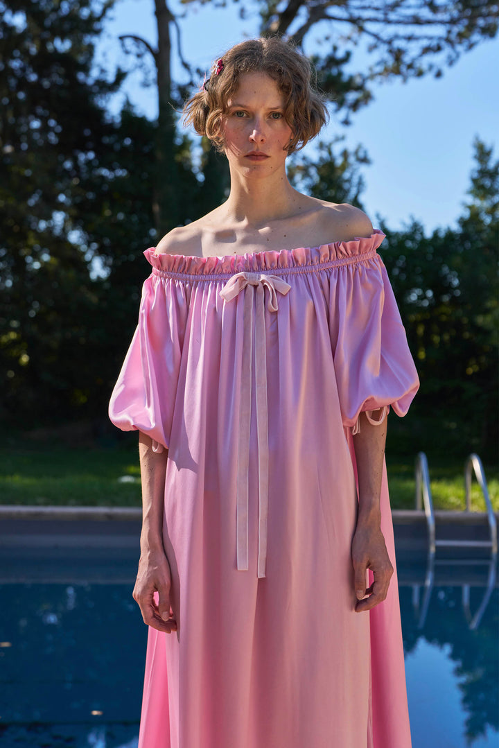 My Party 22 Momme Silk Off-Shoulder Bow Dress