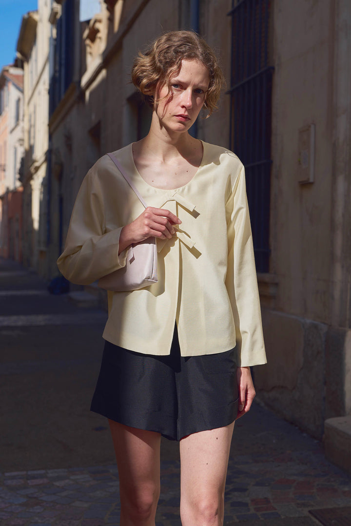 PAJA Out After Brunch Mulberry Silk U-Neck Knot Closure Jacket