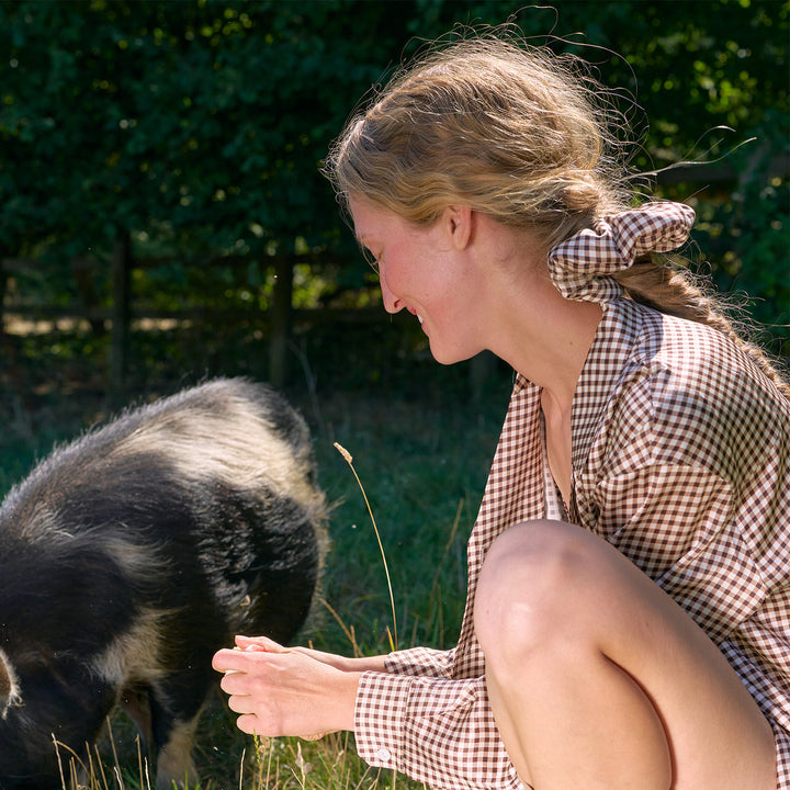 Farm Edit Silk Brown Plaid Print Scrunchies