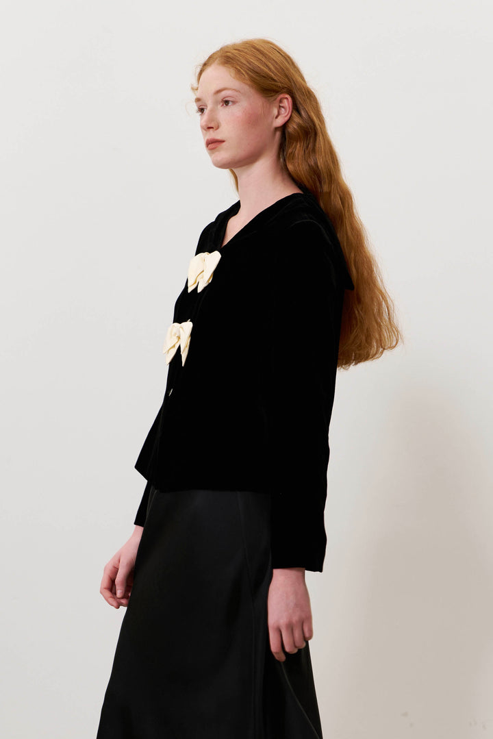 PAJA Summer Shimmer Silk Velvet Sailor Collar Bow Cropped Top