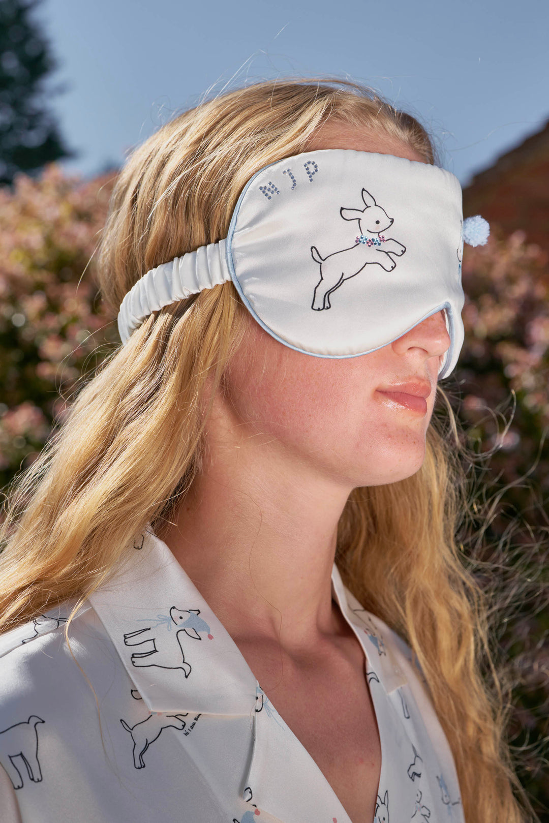 Bubbie 22 Momme Silk Printed Rhinestone Pom-Pom Eye Mask