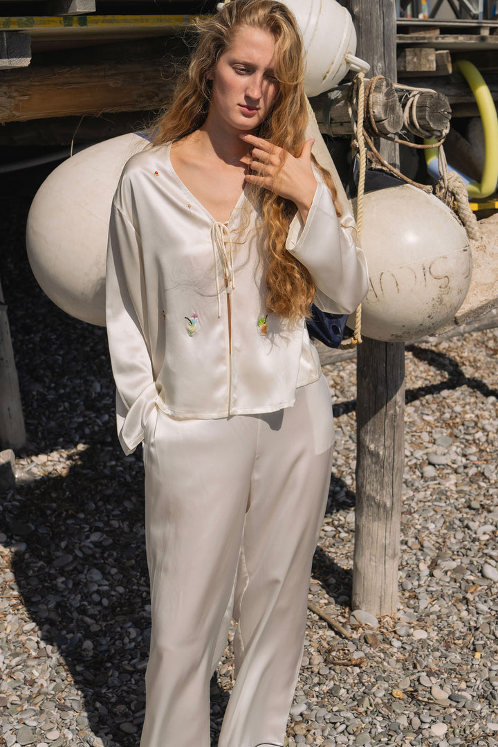 PAJA Beaded Summer Escapes Silk Long Sleeve & Long Pants Set