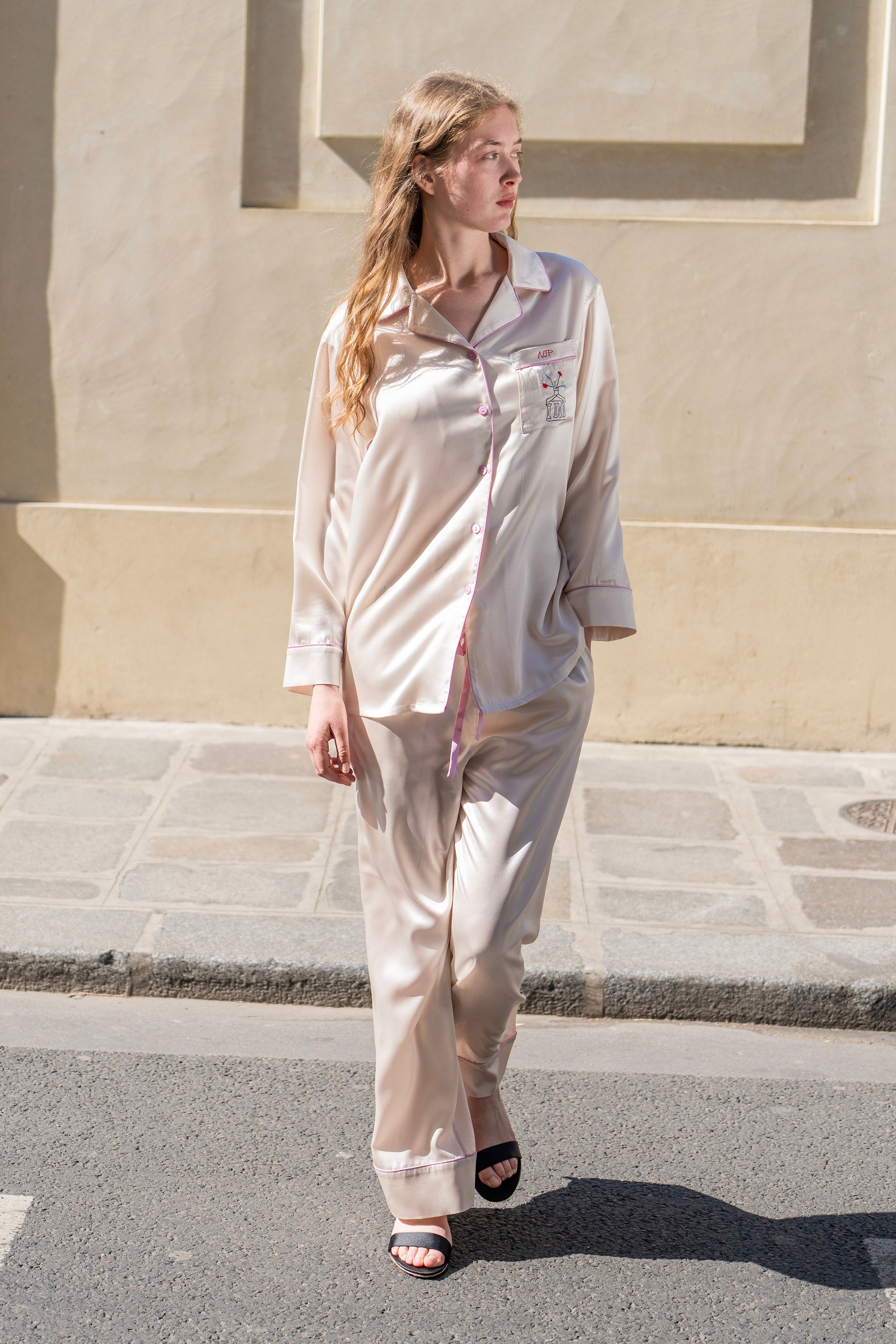 Museum of Crush Blush Pink Silk Pajama Set with Embroidered
