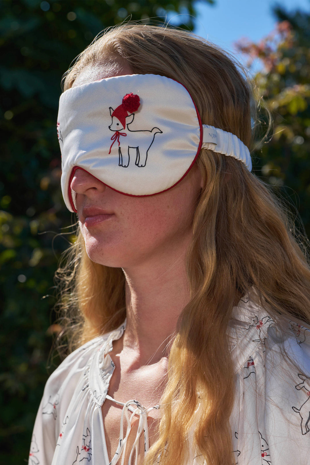 Bubbie 22 Momme Silk Printed Rhinestone Pom-Pom Eye Mask