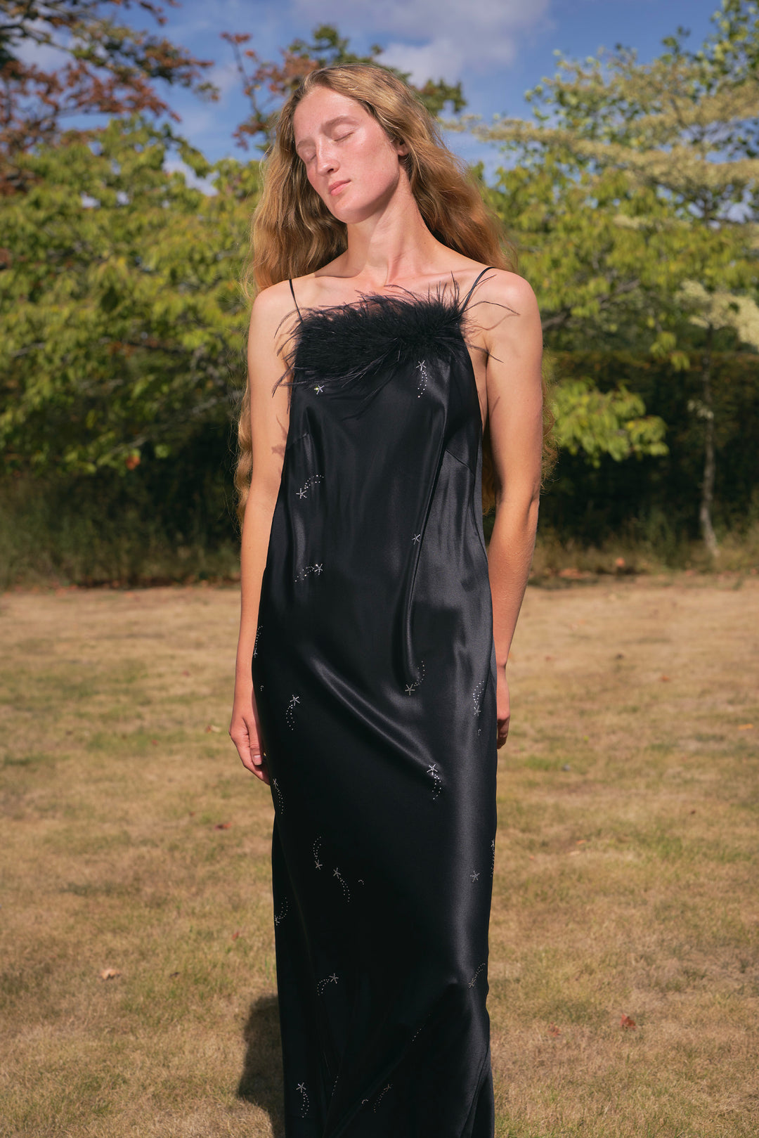 VEGA Collection Feathered Silk Rhinestone-Embellished Slip Dress - Black