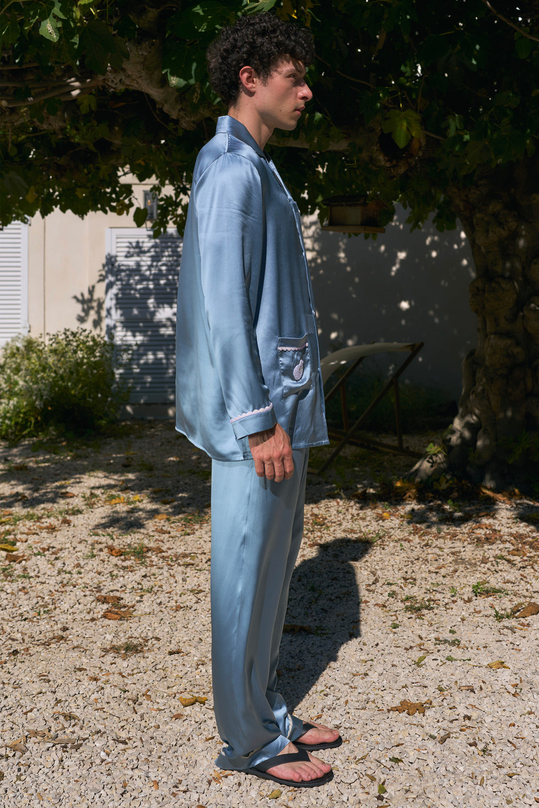 BUBU Collection Men's Silk Velour Edging Long Sleeve Pajama Set - Blue