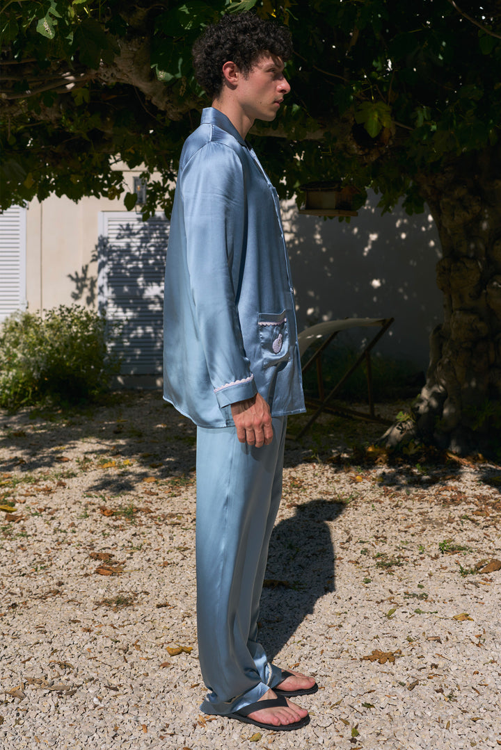 BUBU Collection Men's Silk Velour Edging Long Sleeve Pajama Set - Blue