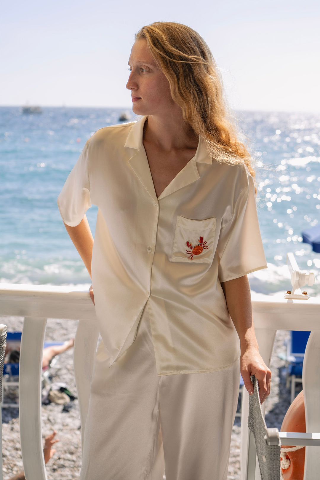 PAJA Beaded Summer Escapes Silk Short Sleeve & Long Pants Set - White