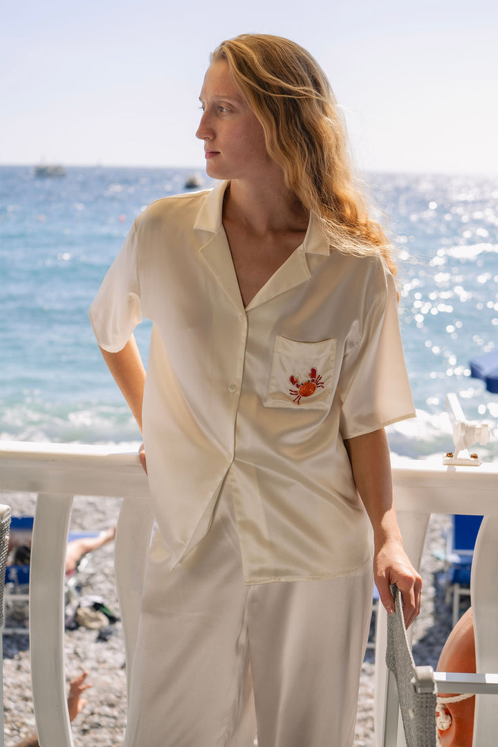 PAJA Beaded Summer Escapes Silk Short Sleeve & Long Pants Set - White