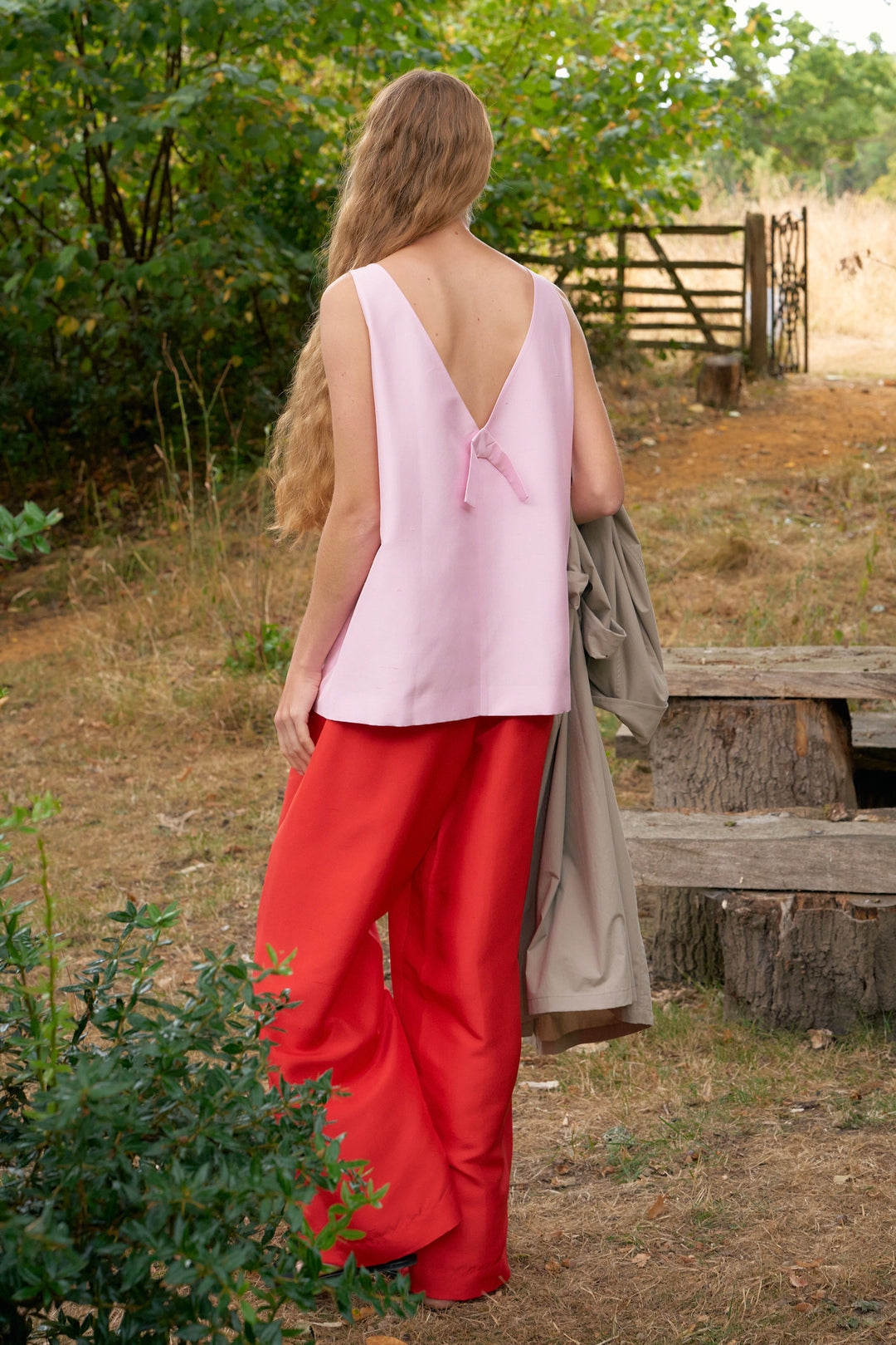 PAJA Farm Edit Dupion Silk Deep V-Back Top - Pink