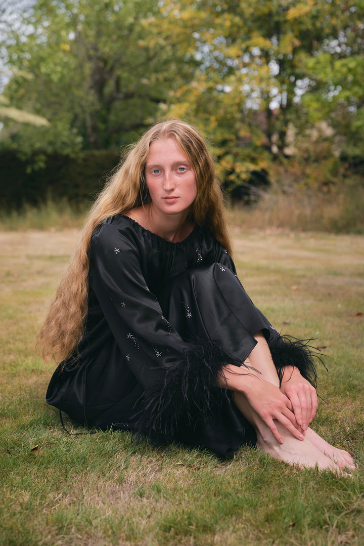 VEGA Collection Feathered Silk Rhinestone-Embellished Long Robe - Black