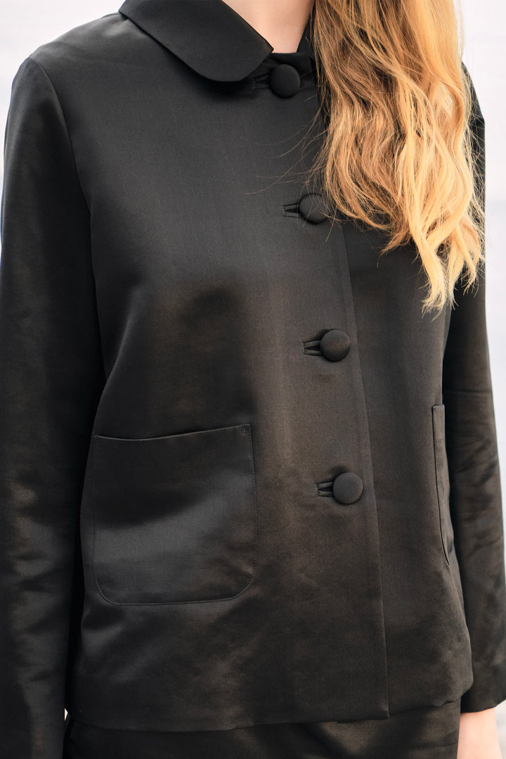PAJA Dinner Hour Silk-Wool Satin Black Jacket