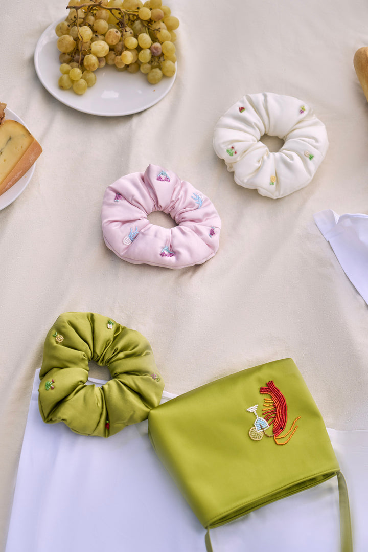 PAJA Beaded Summer Escapes Silk Scrunchies - White