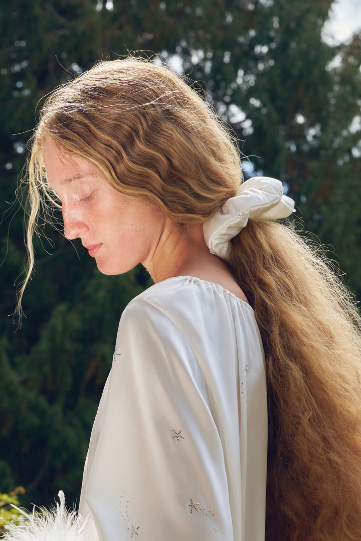 VEGA Collection Feathered Silk Rhinestone-Embellished Scrunchies - White