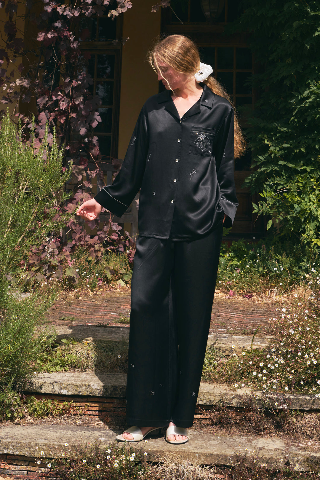 VEGA Collection Silk Rhinestone-Embellished  Long Sleeve Set - Black