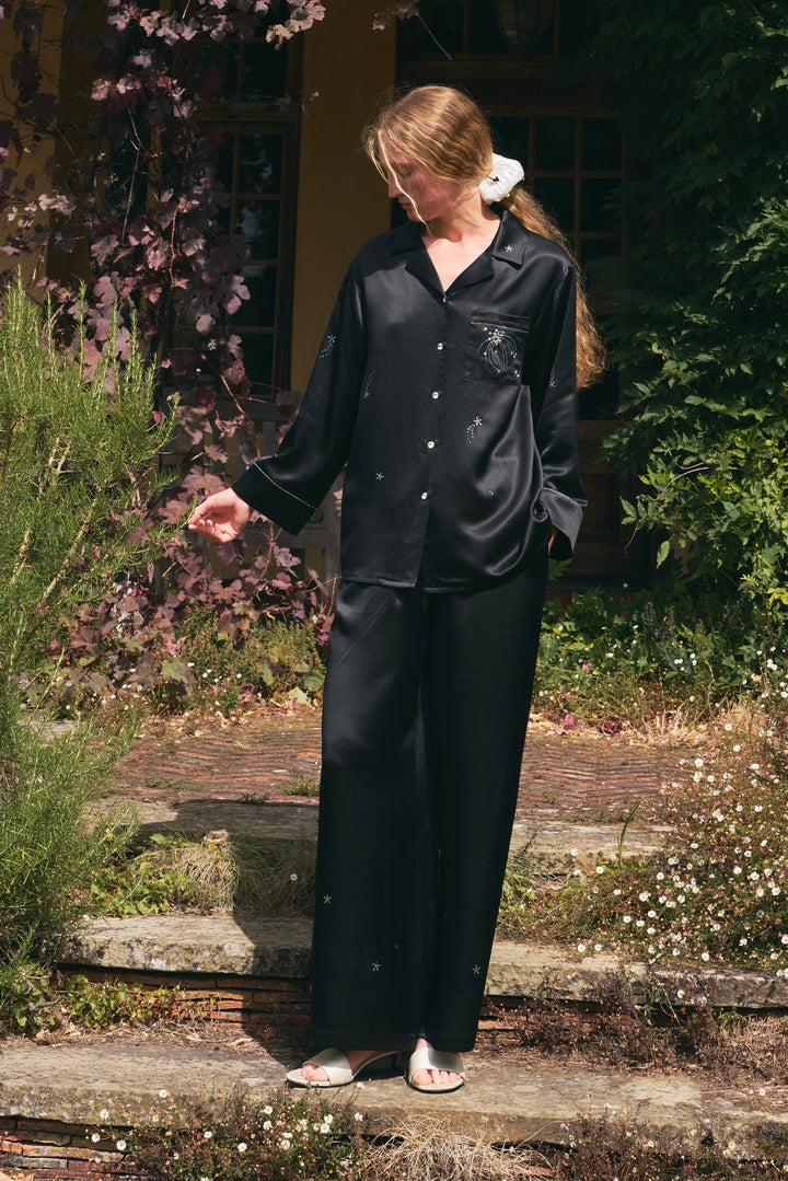 VEGA Collection Silk Rhinestone-Embellished  Long Sleeve Set - Black