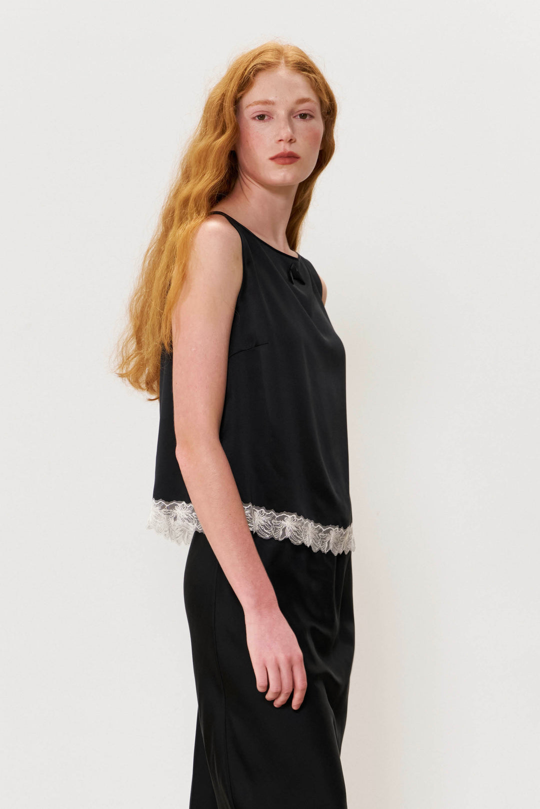 PAJA 25 Momme Silk Crepe Satin Lace-Trim Tank Top