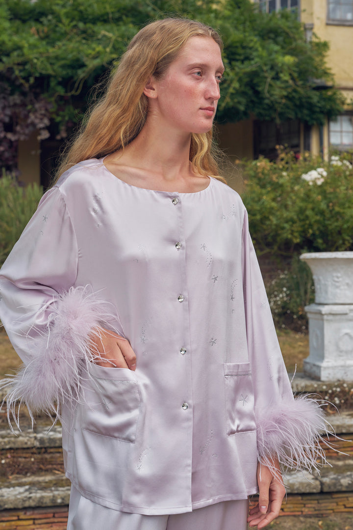 VEGA Collection Feathered Silk Rhinestone-Embellished Long Sleeve Set - Amethyst