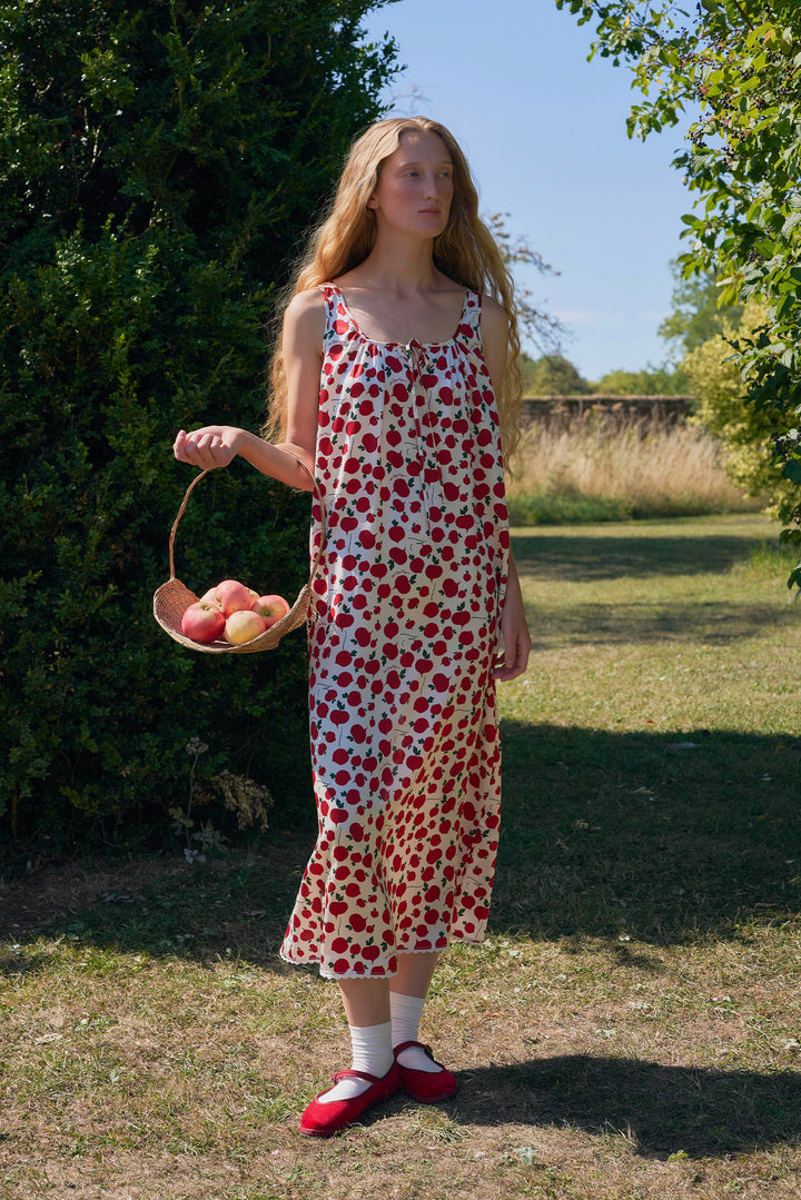 Farm Edit Red Turnip Print 22 Momme Silk Sleeveless Lace-Trim Dress