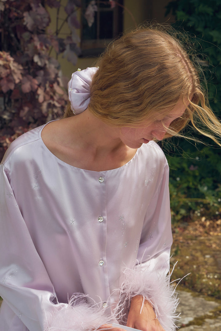 VEGA Collection Feathered Silk Rhinestone-Embellished Scrunchies - Amethyst