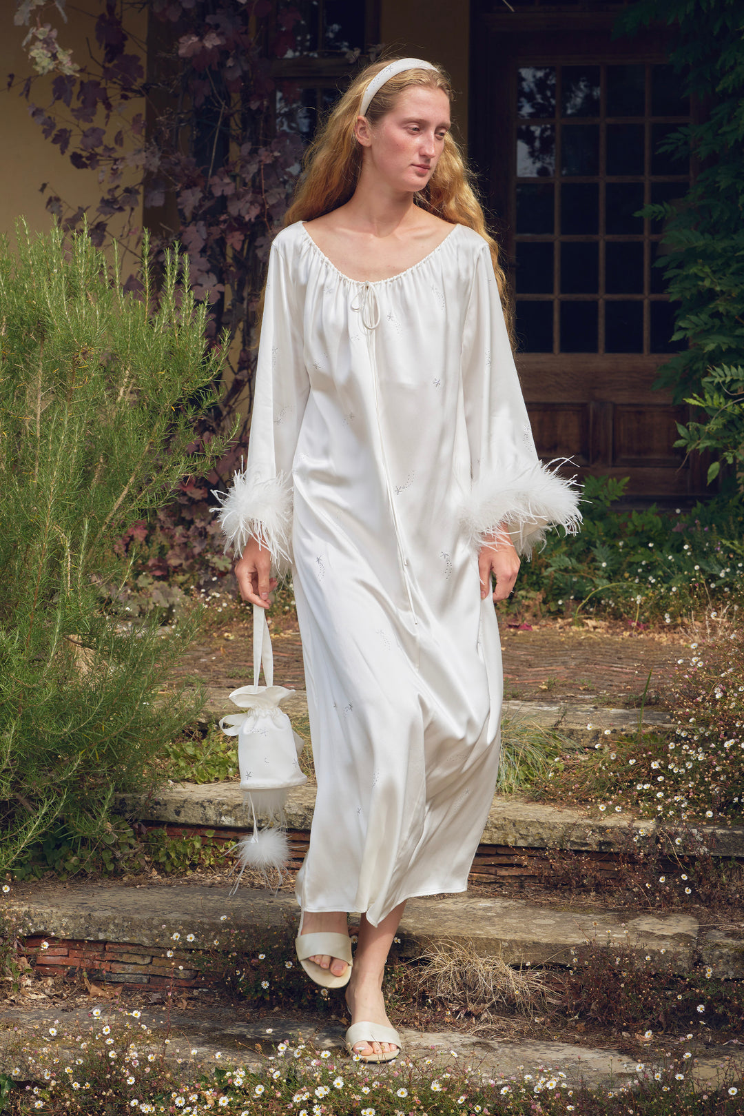 VEGA Collection Feathered Silk Rhinestone-Embellished Long Robe - White