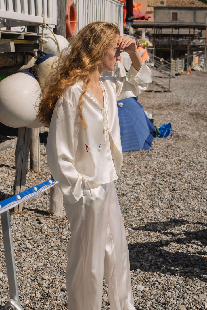 PAJA Beaded Summer Escapes Silk Long Sleeve & Long Pants Set