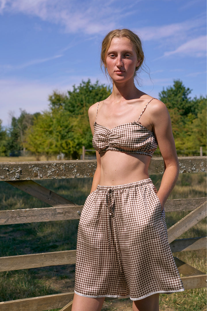 Farm Edit Silk Brown Plaid Print Crop Top