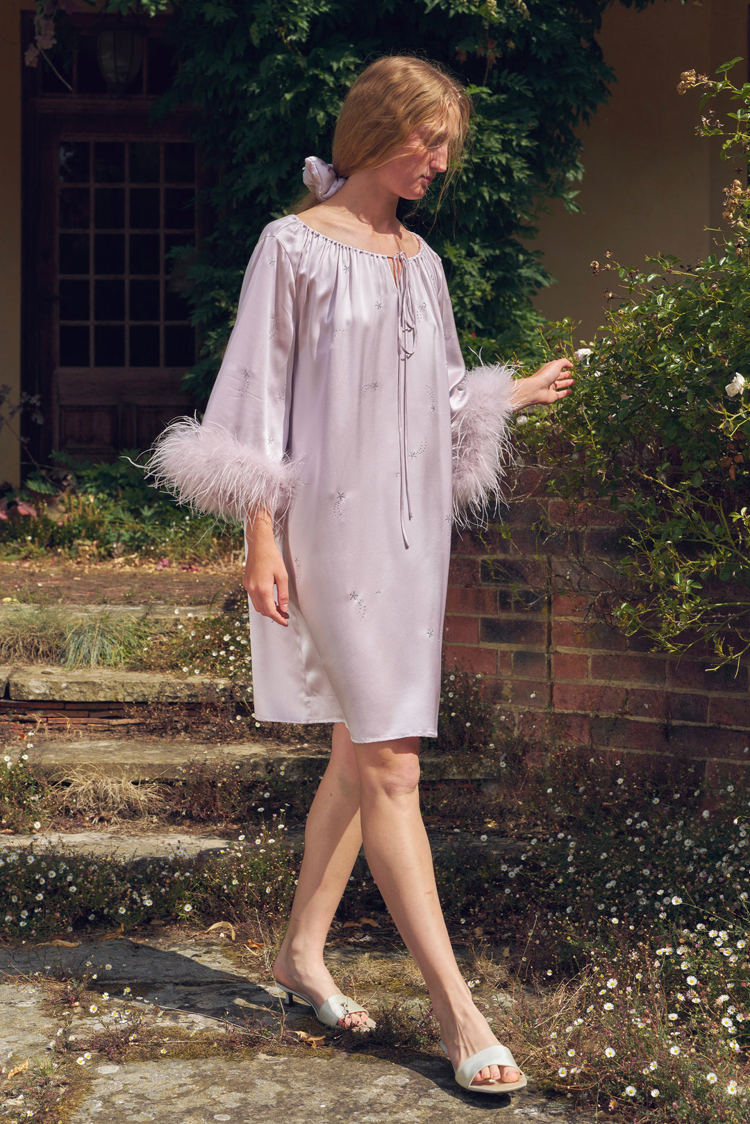 VEGA Collection Feathered Silk Rhinestone-Embellished Short Robe