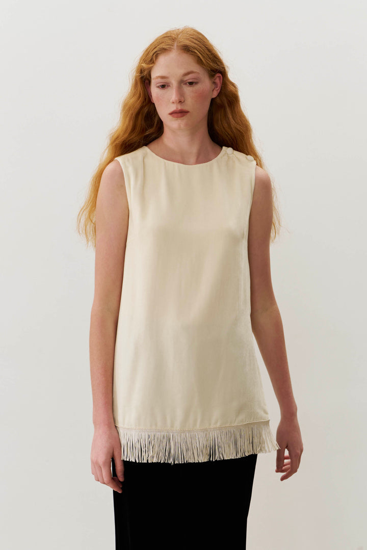PAJA Summer Shimmer Silk Velvet Fringe-Trim Vest Top