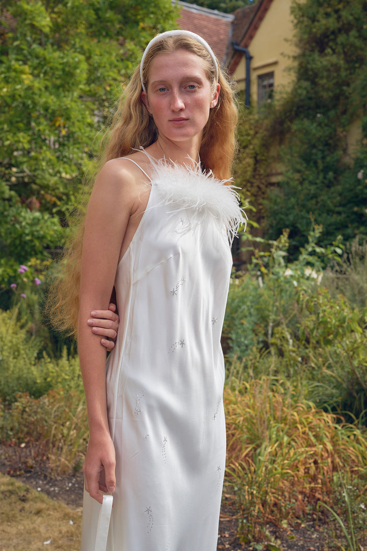 VEGA Collection Feathered Silk Rhinestone-Embellished Slip Dress - White