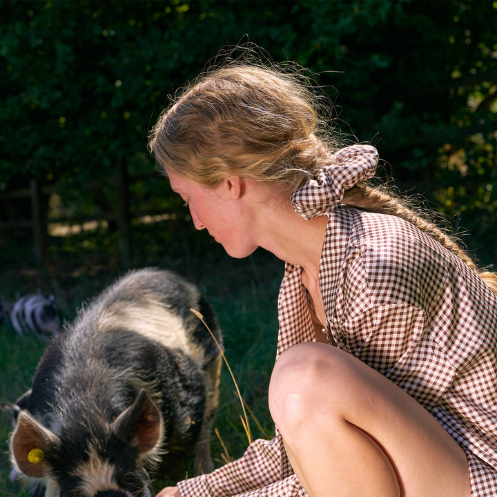 Farm Edit Silk Brown Plaid Print Scrunchies