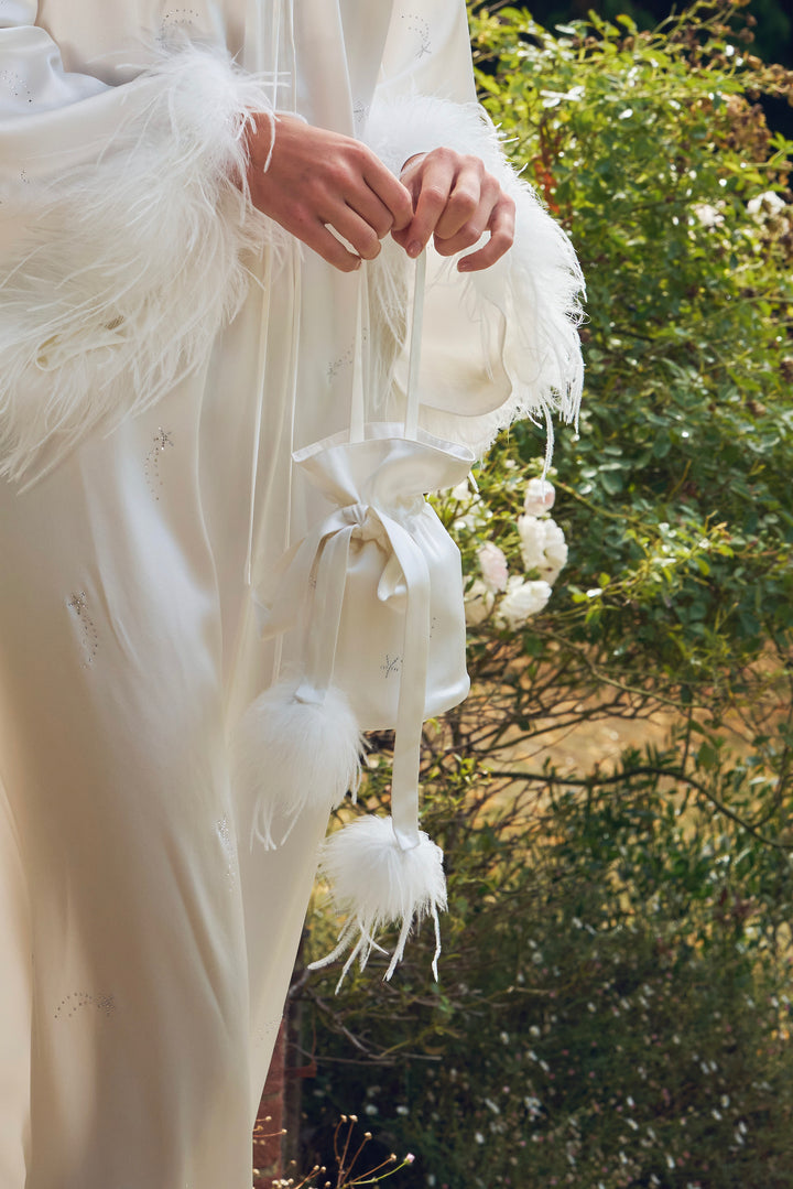 VEGA Collection Feathered Silk Rhinestone-Embellished Handbag