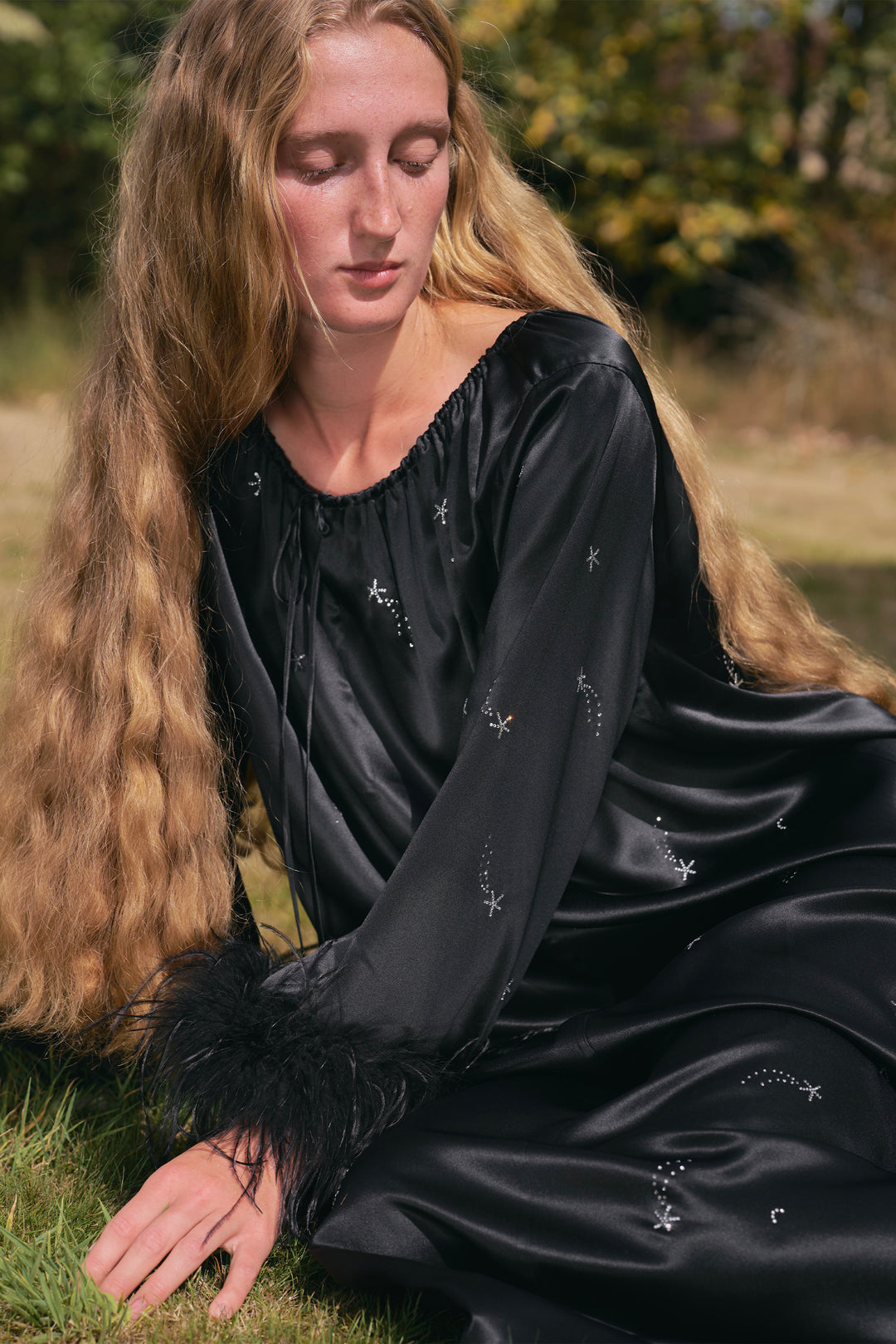 VEGA Collection Feathered Silk Rhinestone-Embellished Long Robe - Black