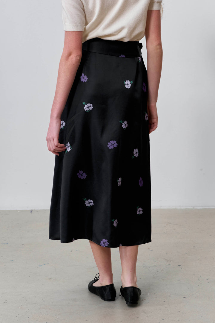 PAJA Summer Shimmer Silk Wool Satin Printed Tie-Waist Long Skirt