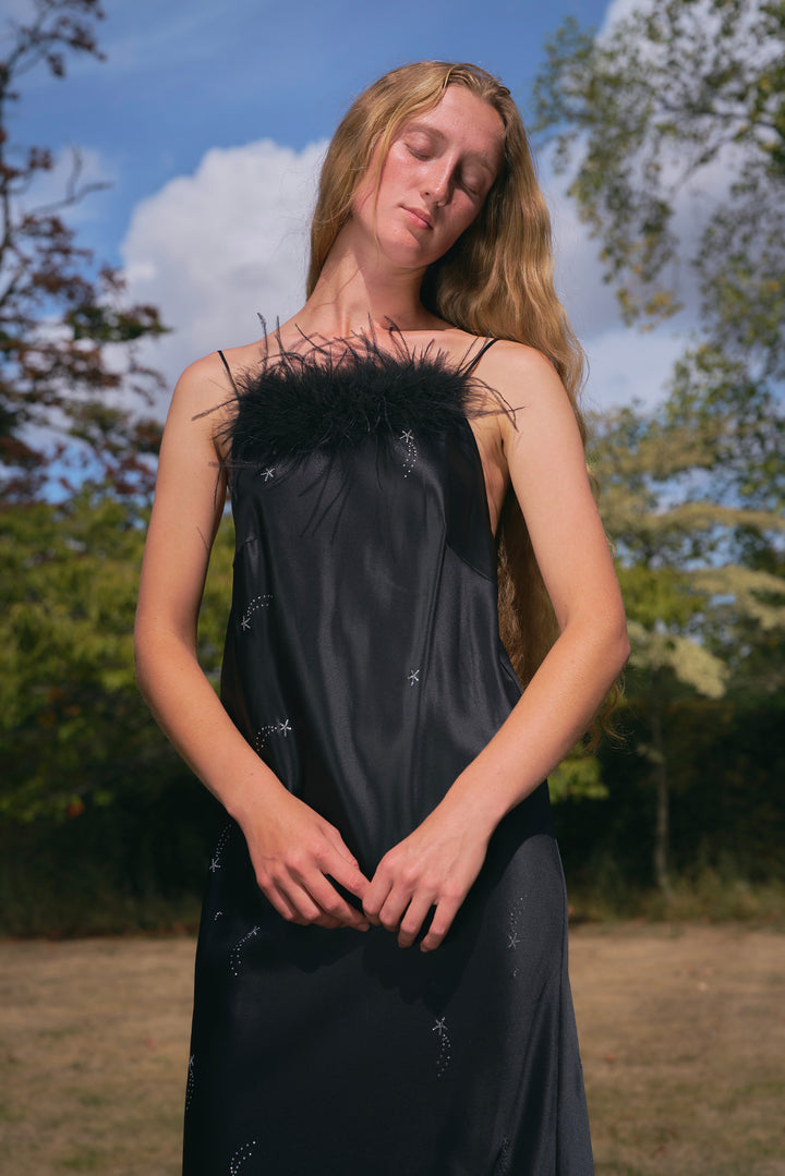 VEGA Collection Feathered Silk Rhinestone-Embellished Slip Dress - Black