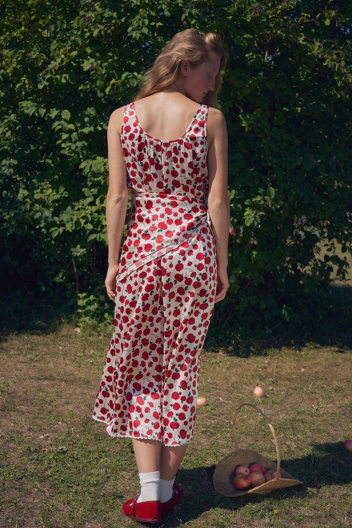 Farm Edit Red Turnip Print 22 Momme Silk Sleeveless Lace-Trim Dress