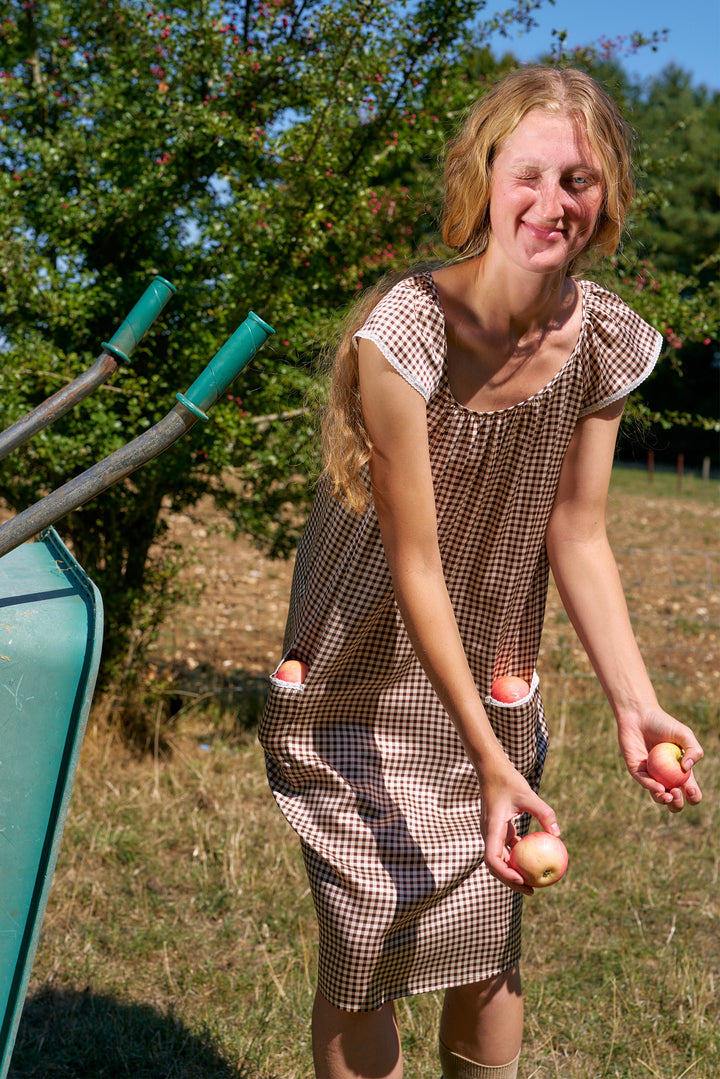 Farm Edit Silk Brown Plaid Print Sleeveless Dress