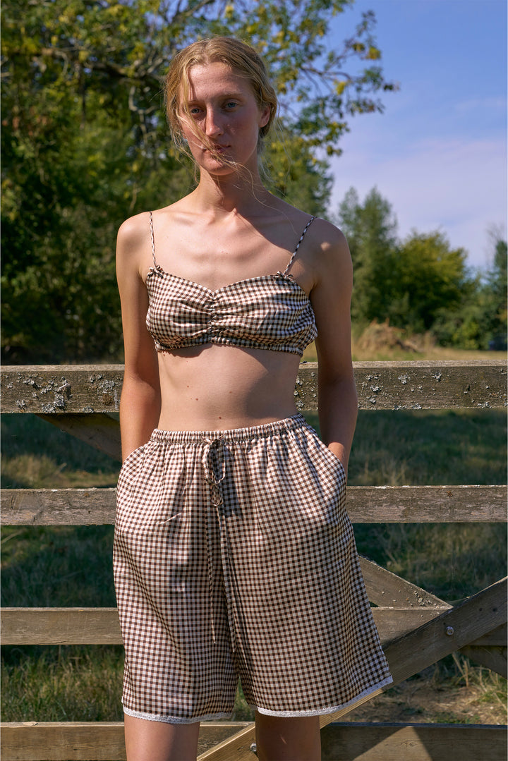 Farm Edit Silk Brown Plaid Print Shorts